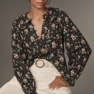 NWT Anthropologie The Keira Collared Button-Front Long-Sleeve Blouse, Size XS